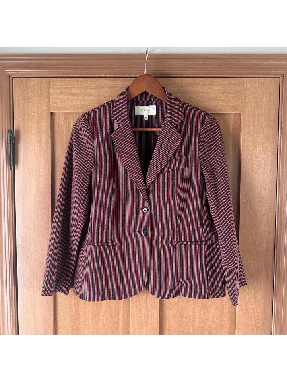 The GREAT. Shrunken Blazer Country Road Pinstripe Red Blue Women’s size 1 Small